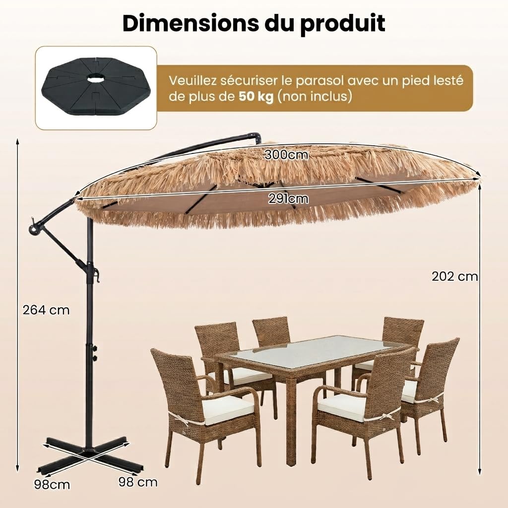 RELAX4LIFE Parasol Déporté en Paille Inclinable 30° Hawaï
