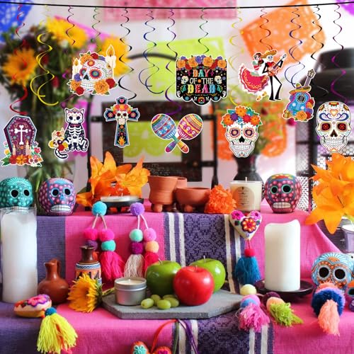 Image of 48 Pieces Day of the Dead Hanging Swirls Cinco De Mayo Party Decorations with Colorful Cross Skull Cat Bride Grave for Mexican Fiesta Themed Dia De Los Muertos Birthday Decor Supplies