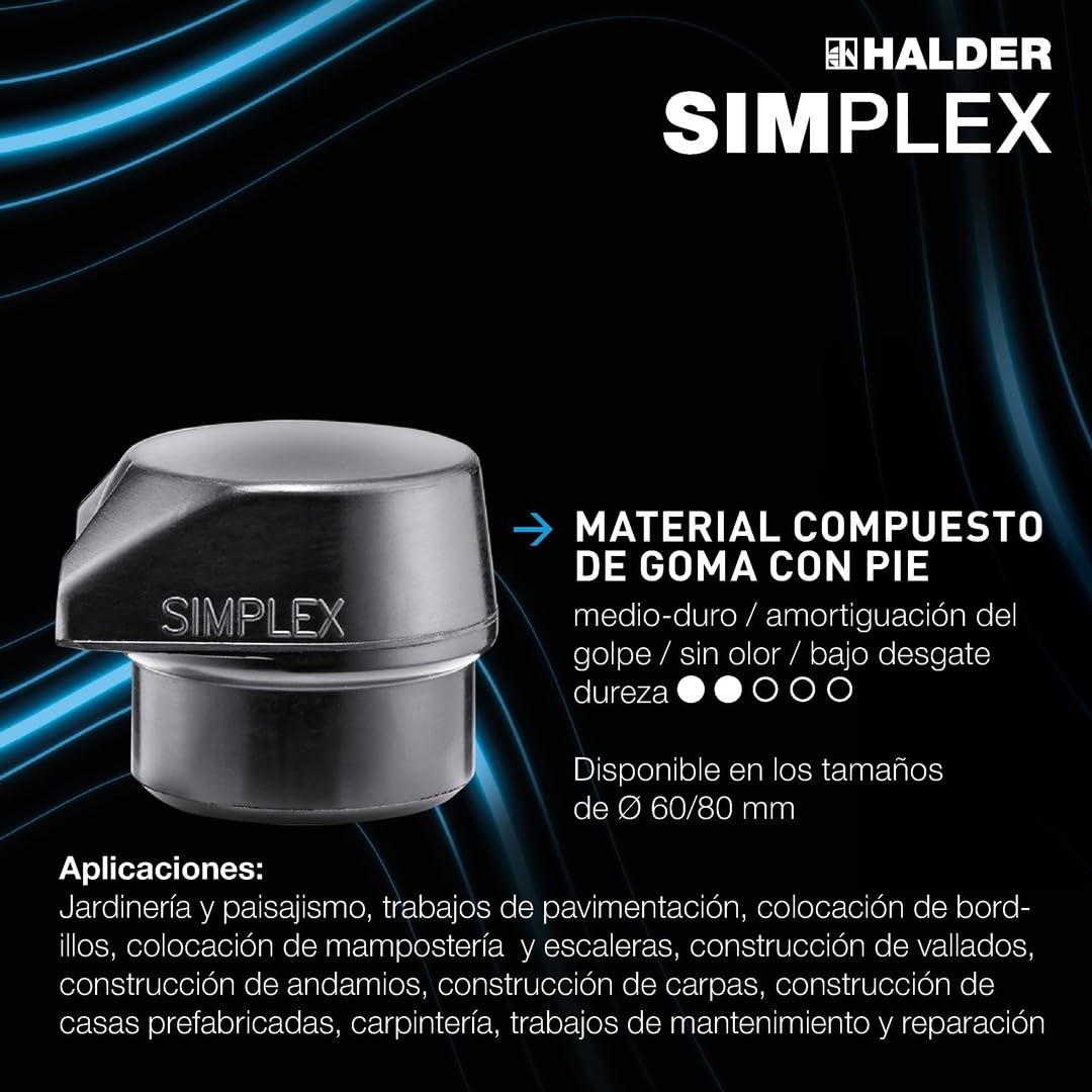 Simplex 3028.282 - Martillo de goma, con base de nailon y carcasa de hierro maleable y mango de madera extra corto de alta calidad, diámetro de 80 mm, mango extra corto