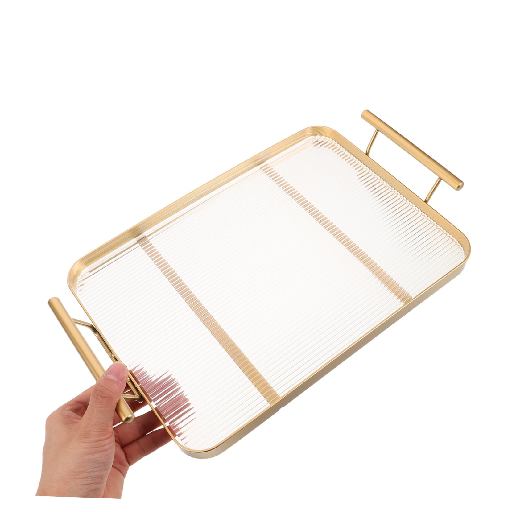 Bandeja Rectangular Acrílica Dorada con Asas, Elegante y Estable | Uso Multipropósito, Fácil de Limpiar, Patrón Horizontal Refinado, para Mesa de Comedor y Dormitorio
