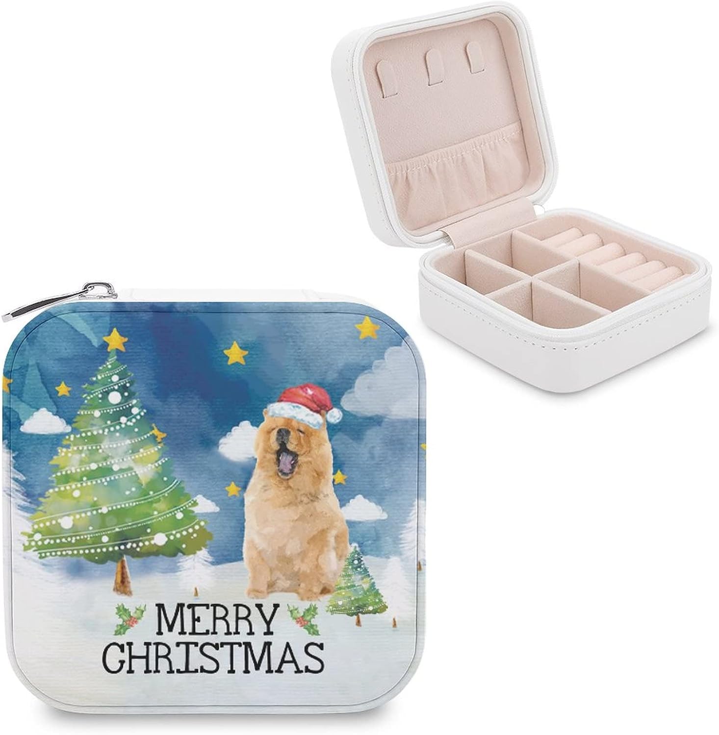Merry Christmas Dog Pet Borzoi Travel Jewelry Box Women Leather Small Jewelry Organizer Portable Jewelry Case for Necklace Earrings Rings Xmas Holiday Gift for Women