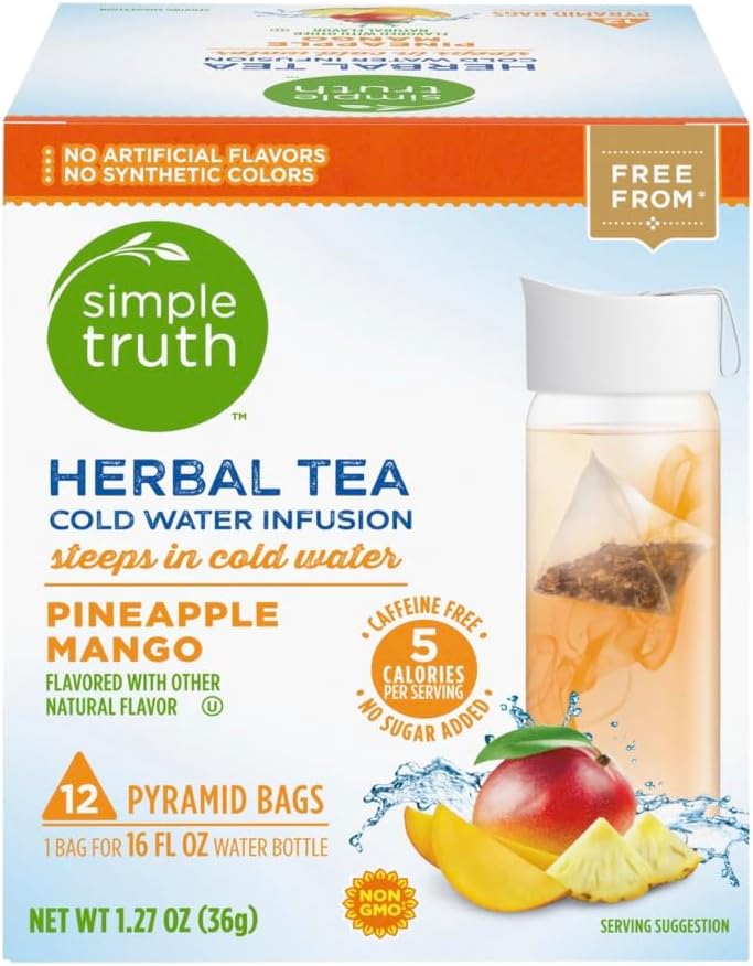 Simple Truth - Herbal Tea Cold Water Infusion - Pineapple Mango -12 Tea Bag Pack. Plus GTF Sticker & Spearmint Gum Stick