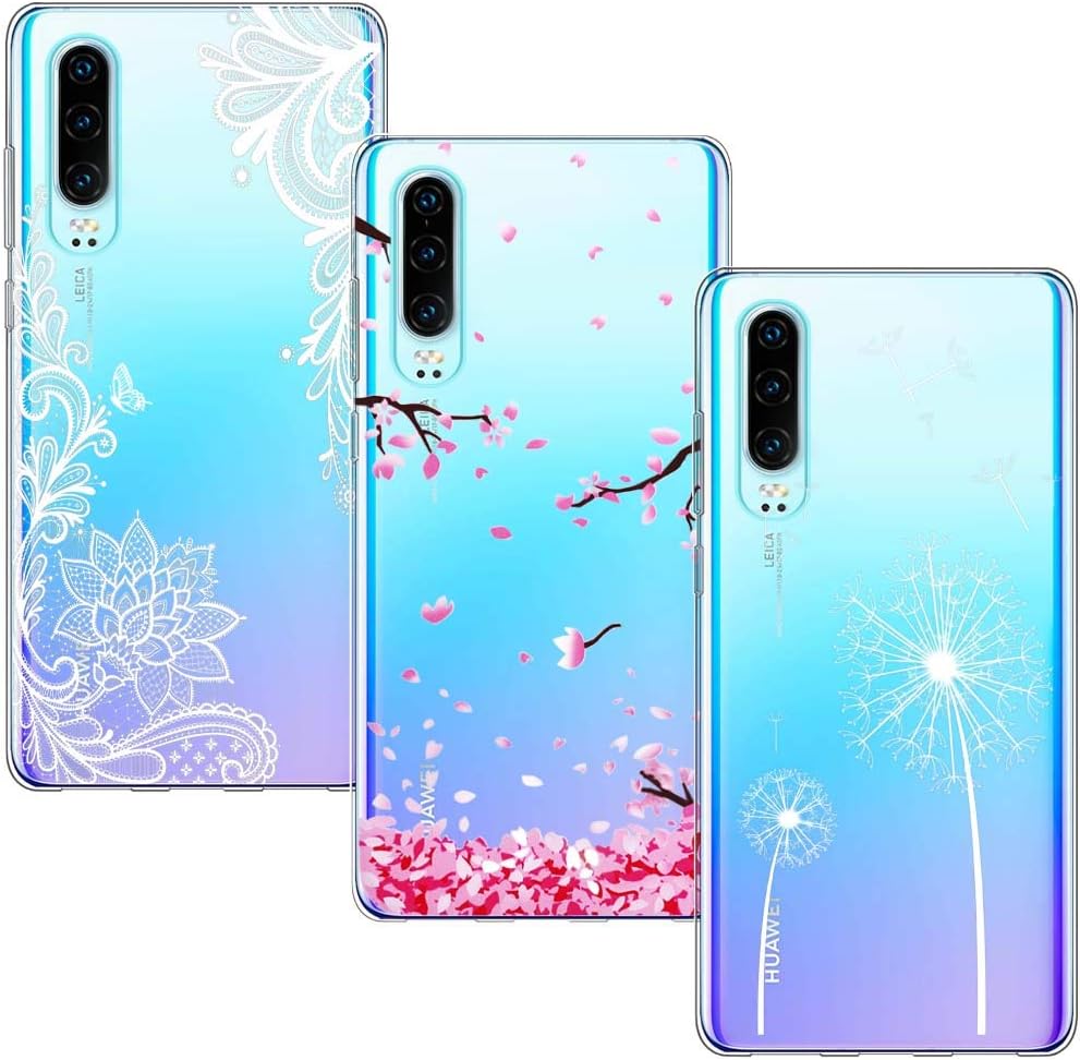 Yoowei 3-PACK for Huawei P30 Case, Ultra Thin Crystal Clear Soft TPU Silicone Case with Stylish Cute Pattern Protective Cover for Huawei P30 - Cherry Blossom, Dandelion & White Flower