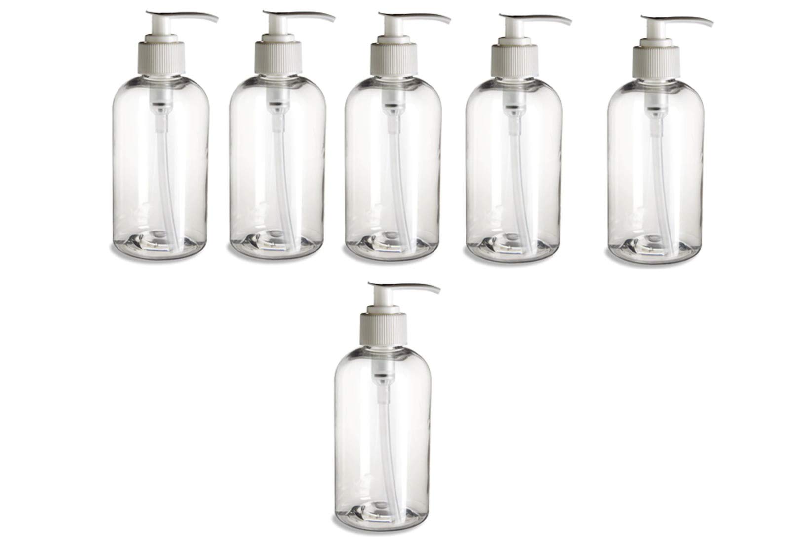 Natural Farms 6 pack- 8 oz Clear PET Boston Round Plastic Bottle with White Pump-