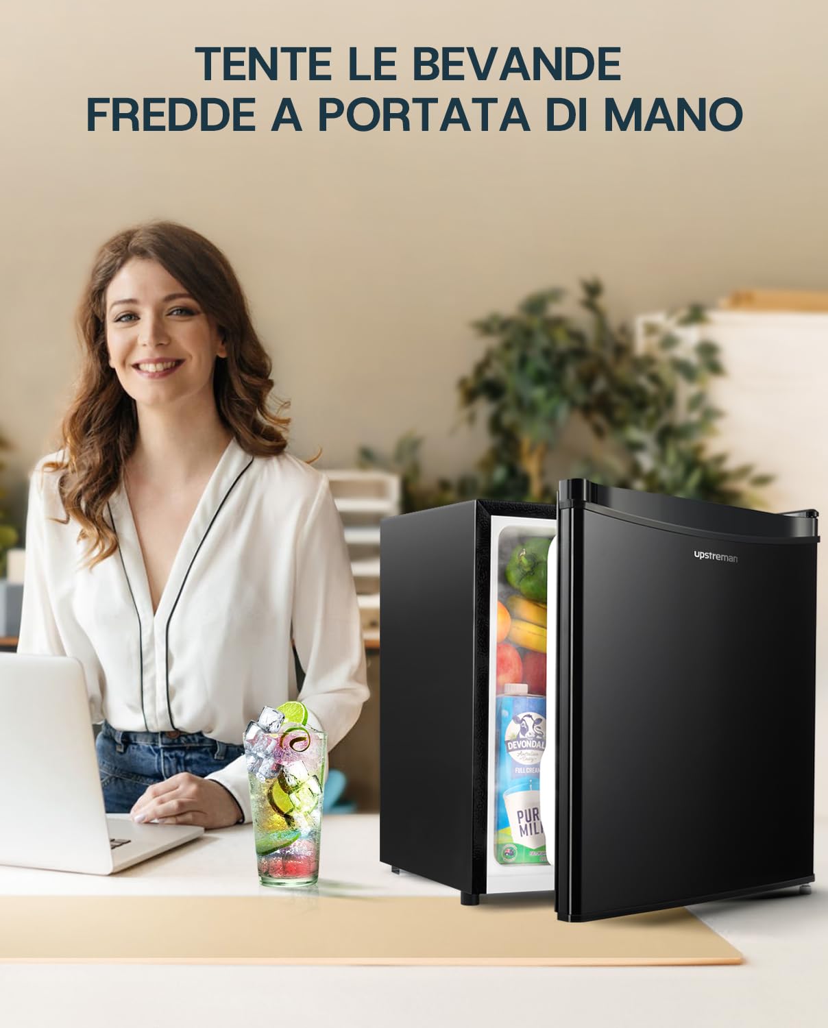 Upstreman Mini Frigo 46L, Frigorifero, Silenzioso, Porta Reversibile, Termostato Regolabile, Risparmio Energetico, Frigorifero Piccolo da Ufficio, Camera, Hotel, Nero Lucido -FR17