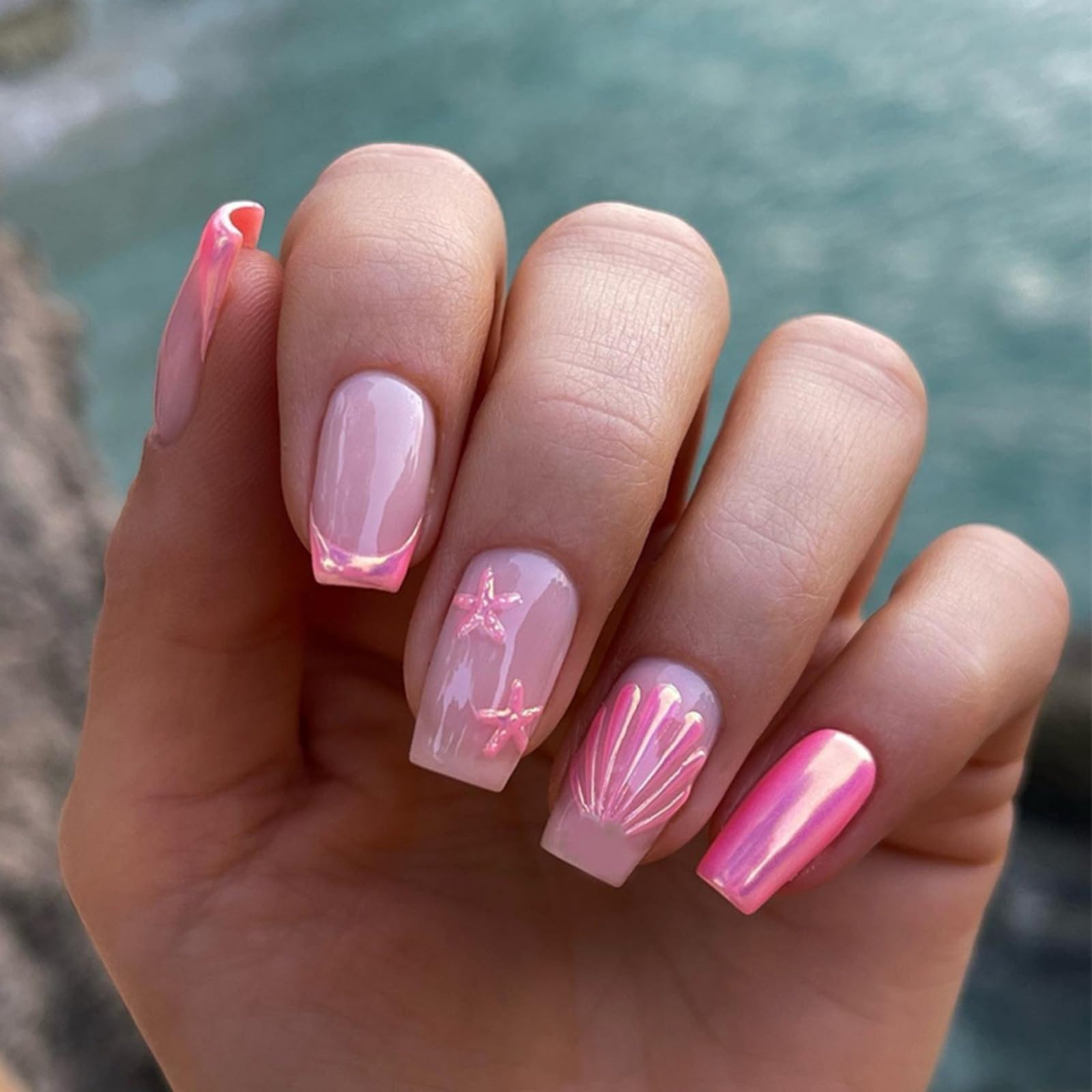Summer Press on Nails Medium Square Fake Nails with Designs Pink Starfish Seashell False Nails Glossy Full Cover Acrylic Nails Glue on Nails Shiny