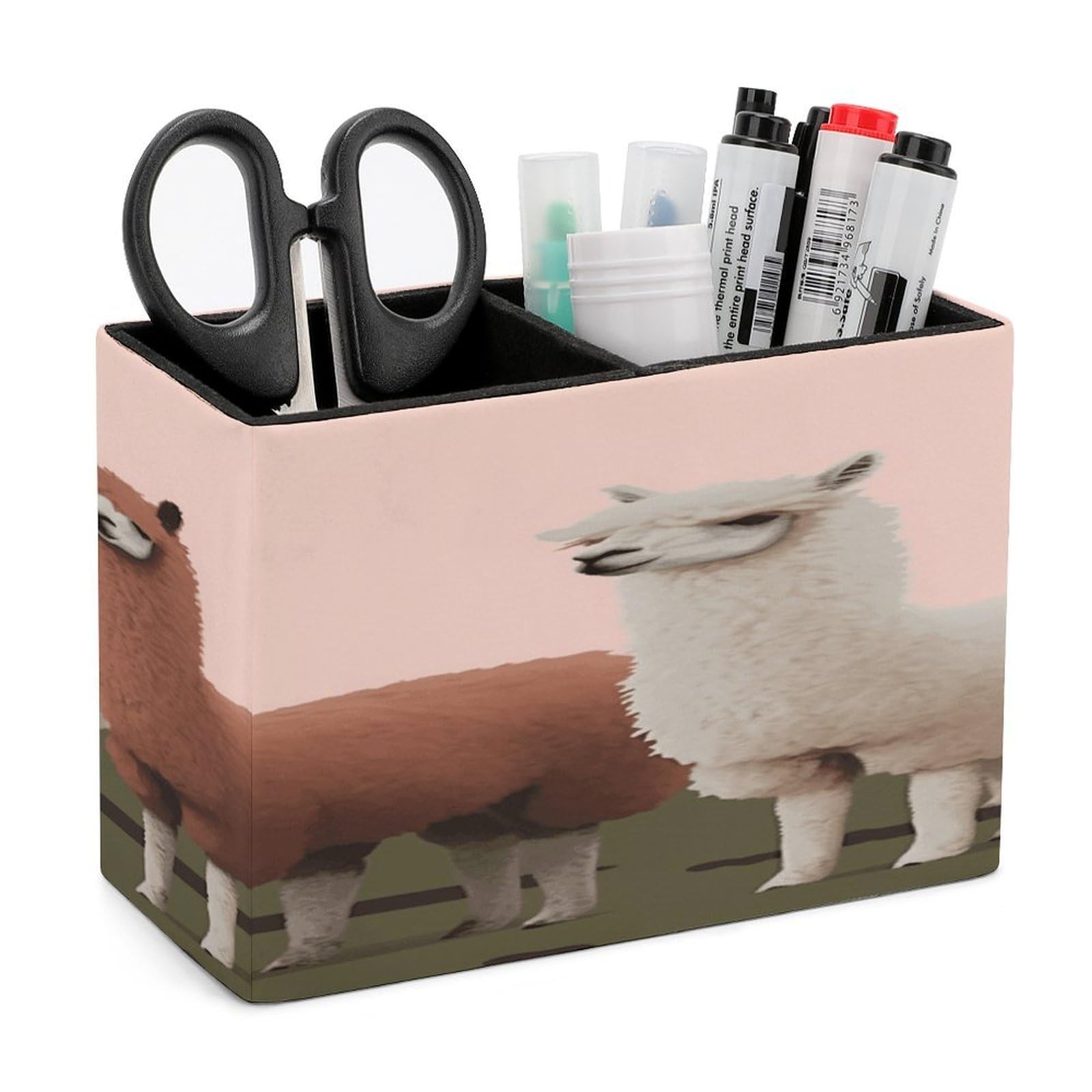 VstaDank Alpacas Pencil Holder for Desk(Double Slots) Fashion Leather Pencil Cup Simple Rectangular Shape Pen Holder Multi-Functional Pen Cup for Home Office Supplies Storage