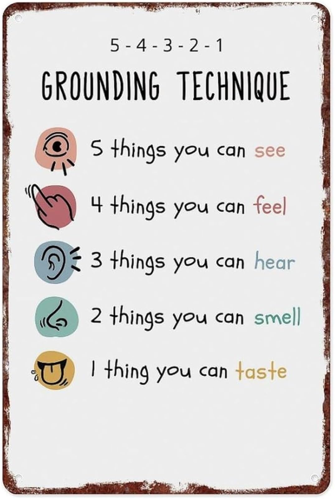 XHAJCSJWGD Calming Grounding Technique Metal Sign 54321 Senses Exercise Aluminum Wall Hanging for Clinic Counseling Space 8 X 12 inch