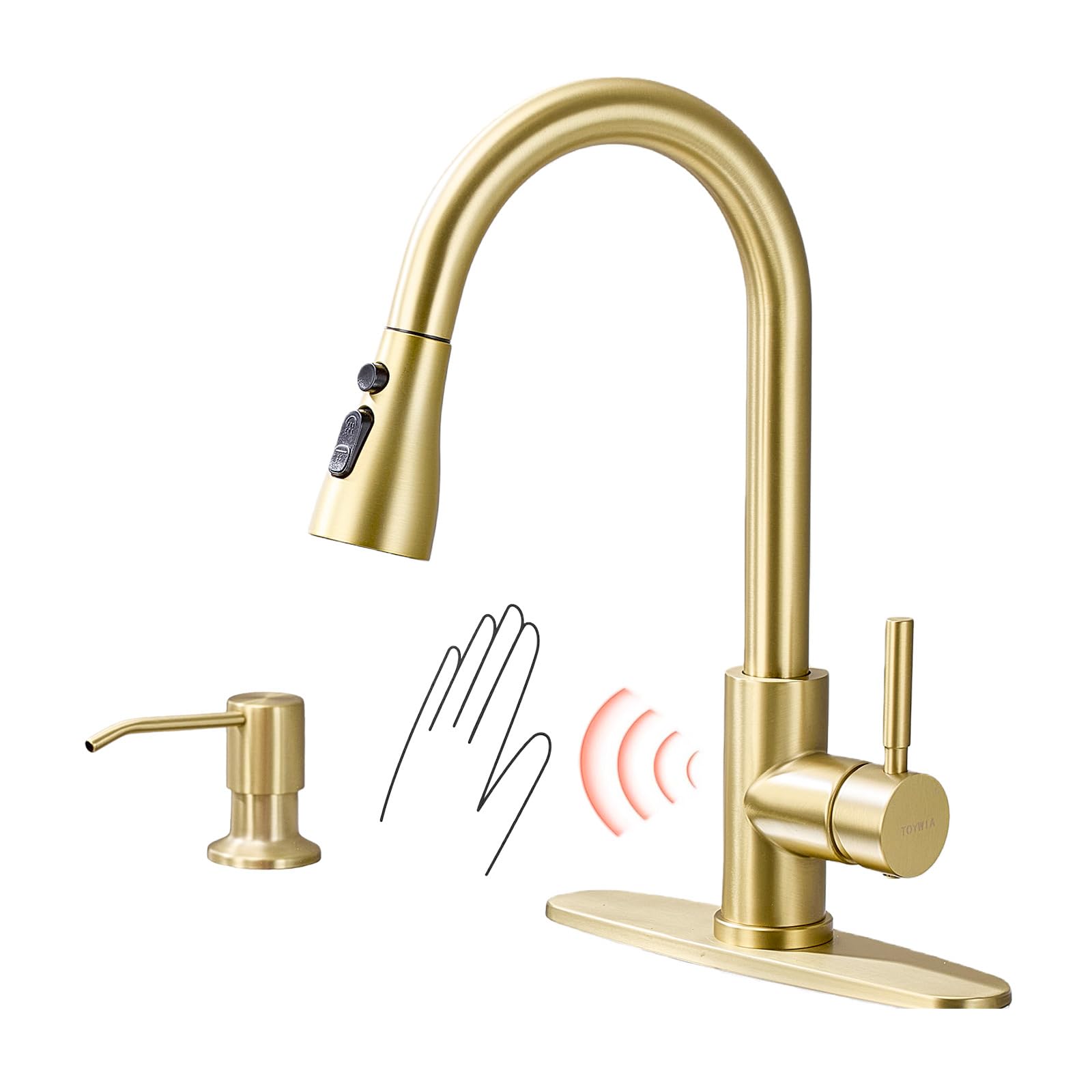 Touchless Kitchen Faucets with Pull Down Sprayer and Soap Dispenser, Brushed Gold Smart Motion Sensor Stainless Steel Sink Faucet with Deck Plate 1 or 3 Hole Mount for RV, Bar, Outdoor