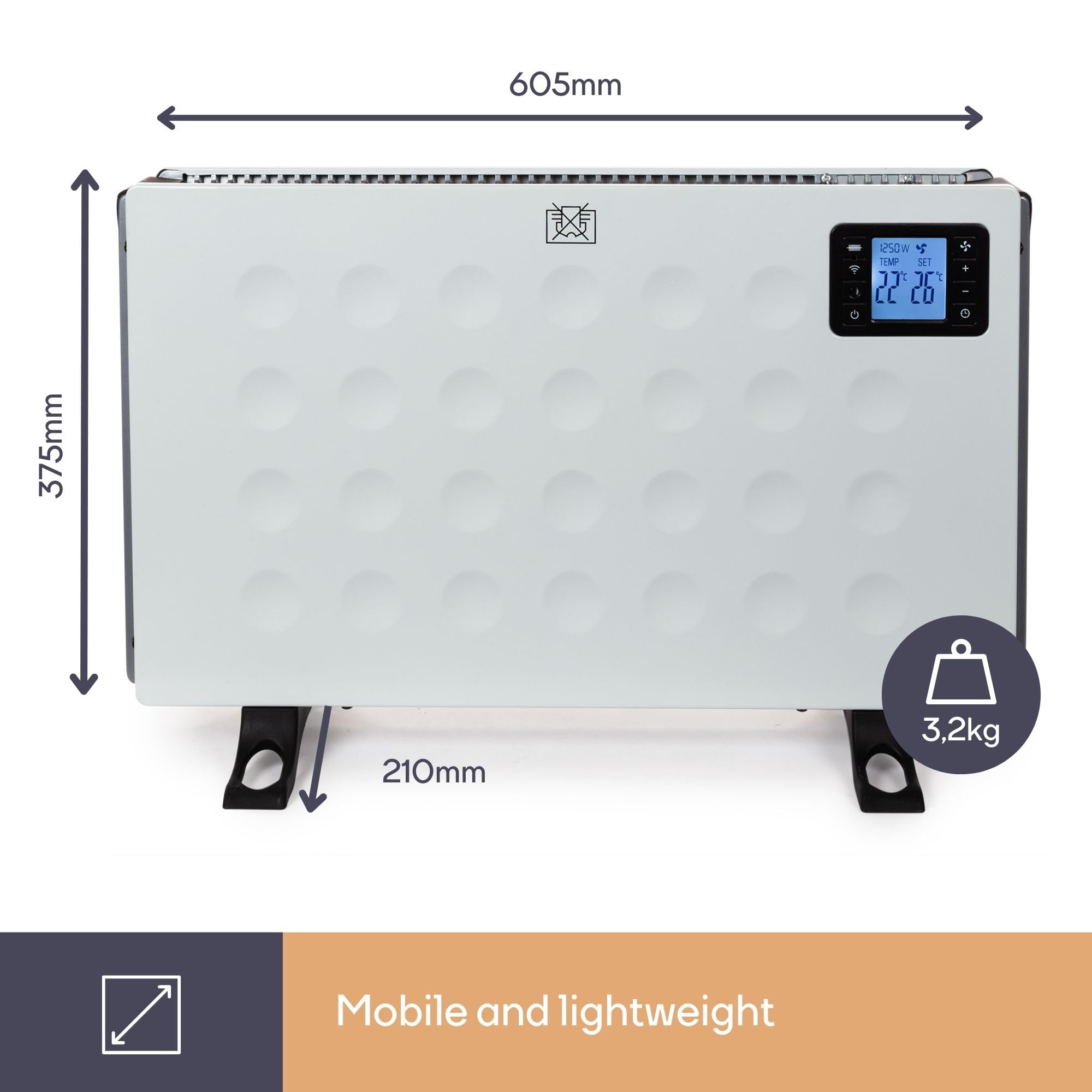 Perel Calefactor convector inteligente 2000W con 3 niveles de calor, termostato, IP20, protección contra sobrecalentamiento, portátil con mando a distancia y control Tuya app, para habitaciones hasta