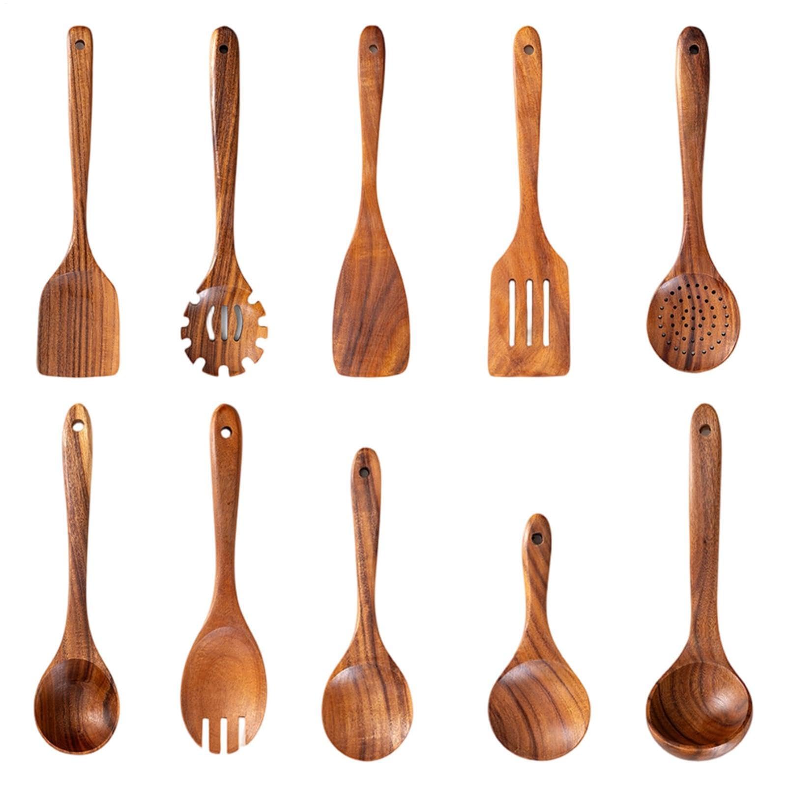Kochutensilien aus Holz, 10 Stück, Löffel, Spatel, Schöpfkelle und