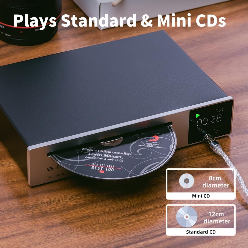 A hand inserting a standard 12cm CD into the SMSL PL150 CD Player, with an inset showing the sizes of mini (8cm) and standard (12cm) CDs.