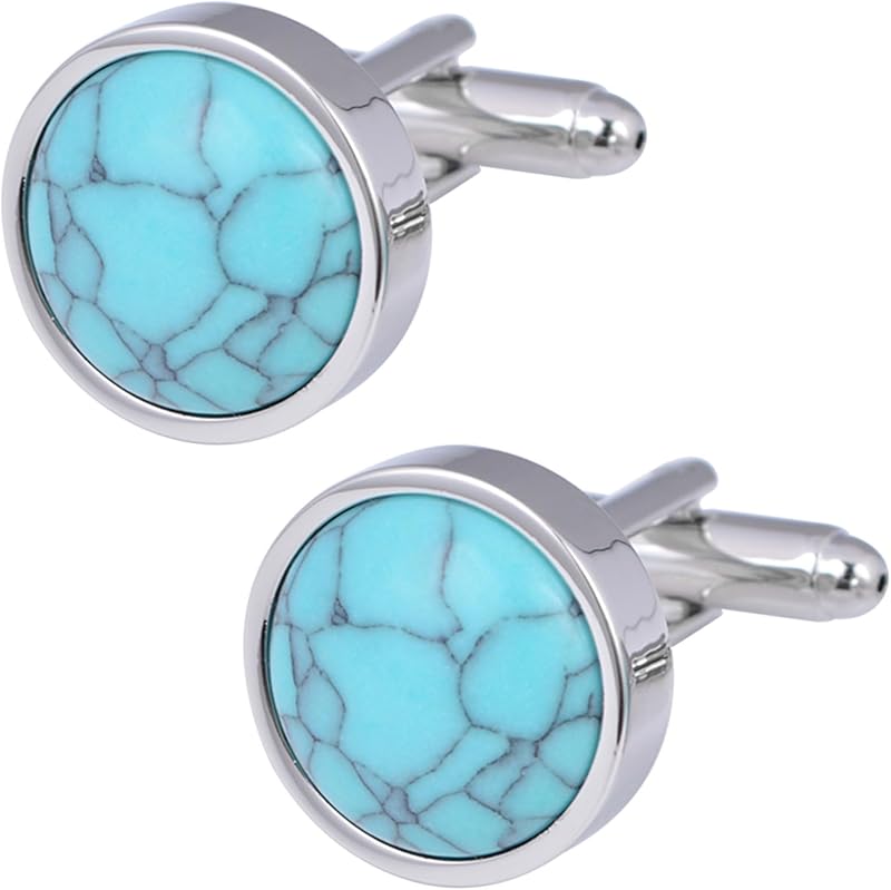 Dome Natural Turquoise Stone Cufflinks Jewelry for Men with Gift Box