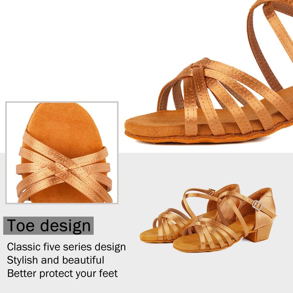 YKXLM Silk Fabric Brown Latin Dance Shoes for Girls Latin Ballroom Dance Shoes Girls with Diamond Buckle,Model US-TL-LP1202-ZSZK, 5.5 M Little Kid