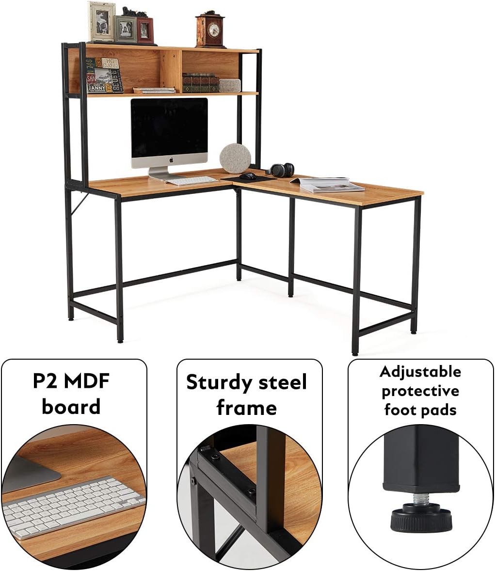 Close-up of YOLENY desk features: P2 MDF board, sturdy steel frame, and adjustable protective foot pads