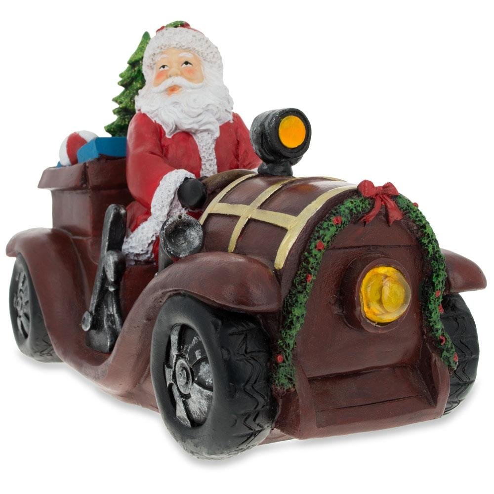 Santa Driving Classic Car with LED Lights Figurine 10.5 Inches Long
