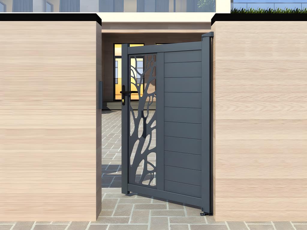 Vente-unique - Portillon battant aluminium semi ajouré à motifs L105 x H187 cm anthracite LABRIT II