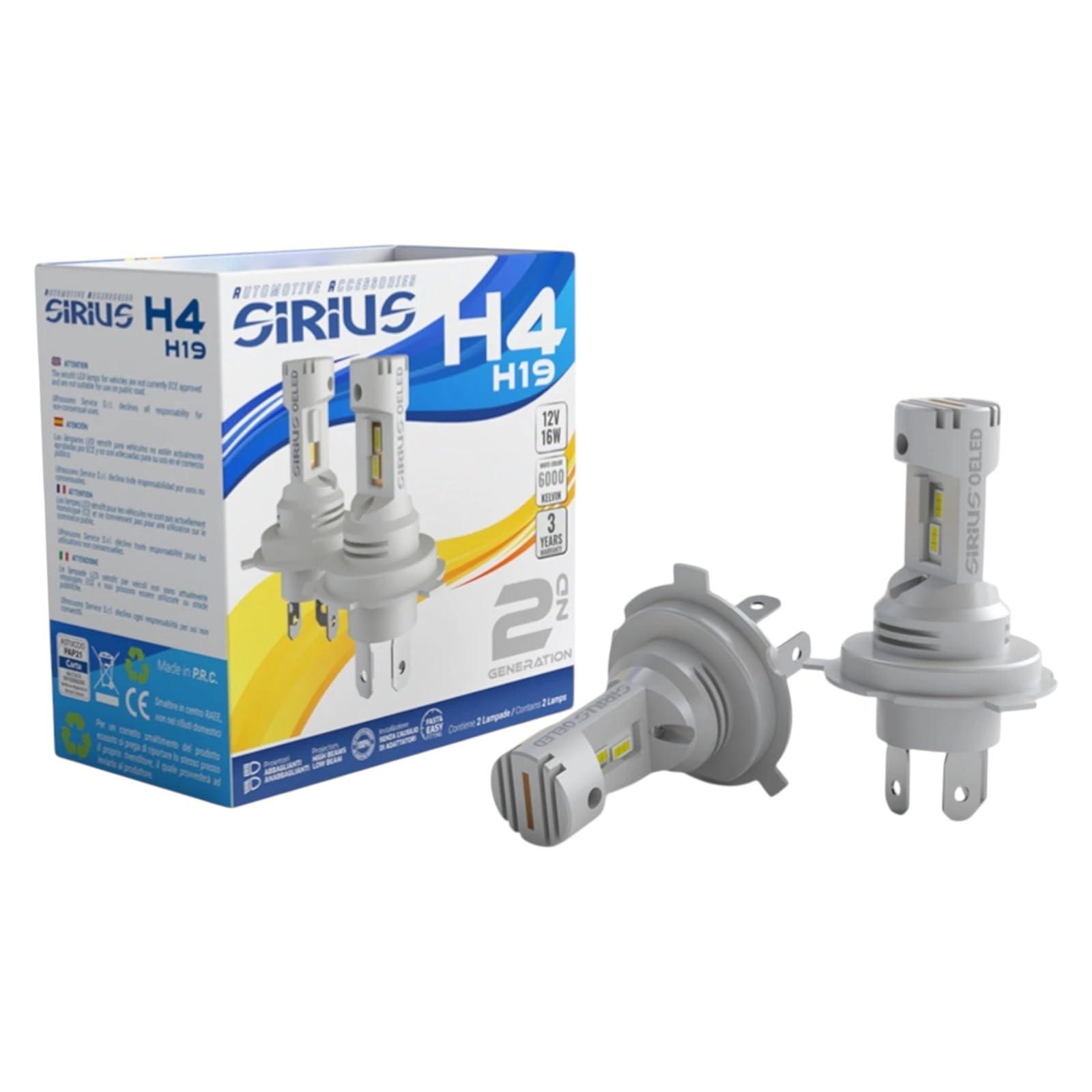 Sirius Coppia Lampadine LED H4 H19 12V 6000K, Kit Luci per Fari Anteriori - Compatibile, Non Originale