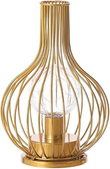 Metal Winebottle Table Lamp Vintage Decanter Metal Wire Lampshade Led Light String Bulb Bedside Lamp Reading Lamp Battery Operated for Bedroom, Living Room (Gold)