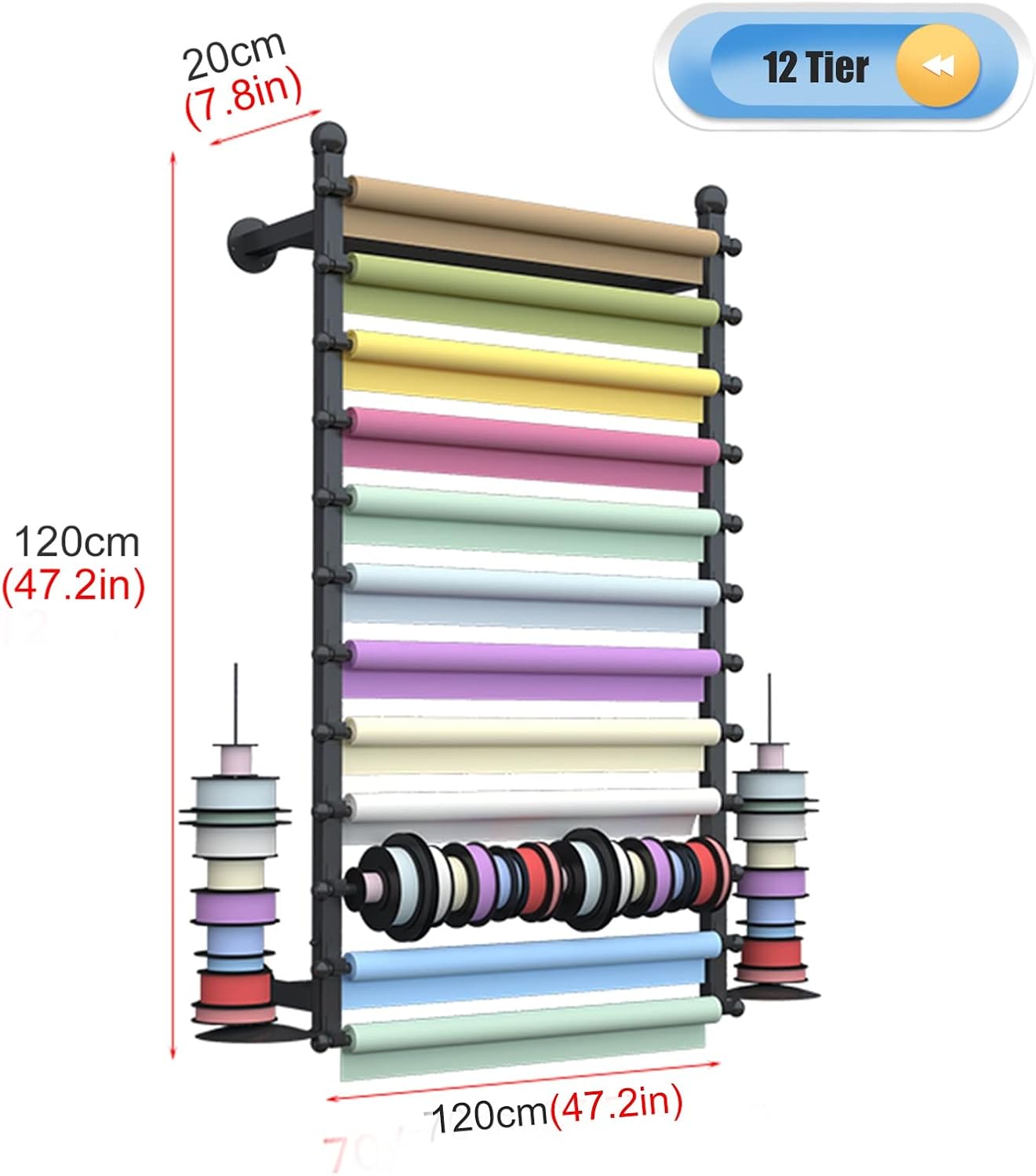Ribbon Storage Organizers Rack Wall Wrapping Paper Ribbon Organizers and Storage for Gift Shop/Flower Store, Iron Finish Commercial Multi-Purpose Stand, 120cm/47.2inch Tall ( Color : White , Size : 12