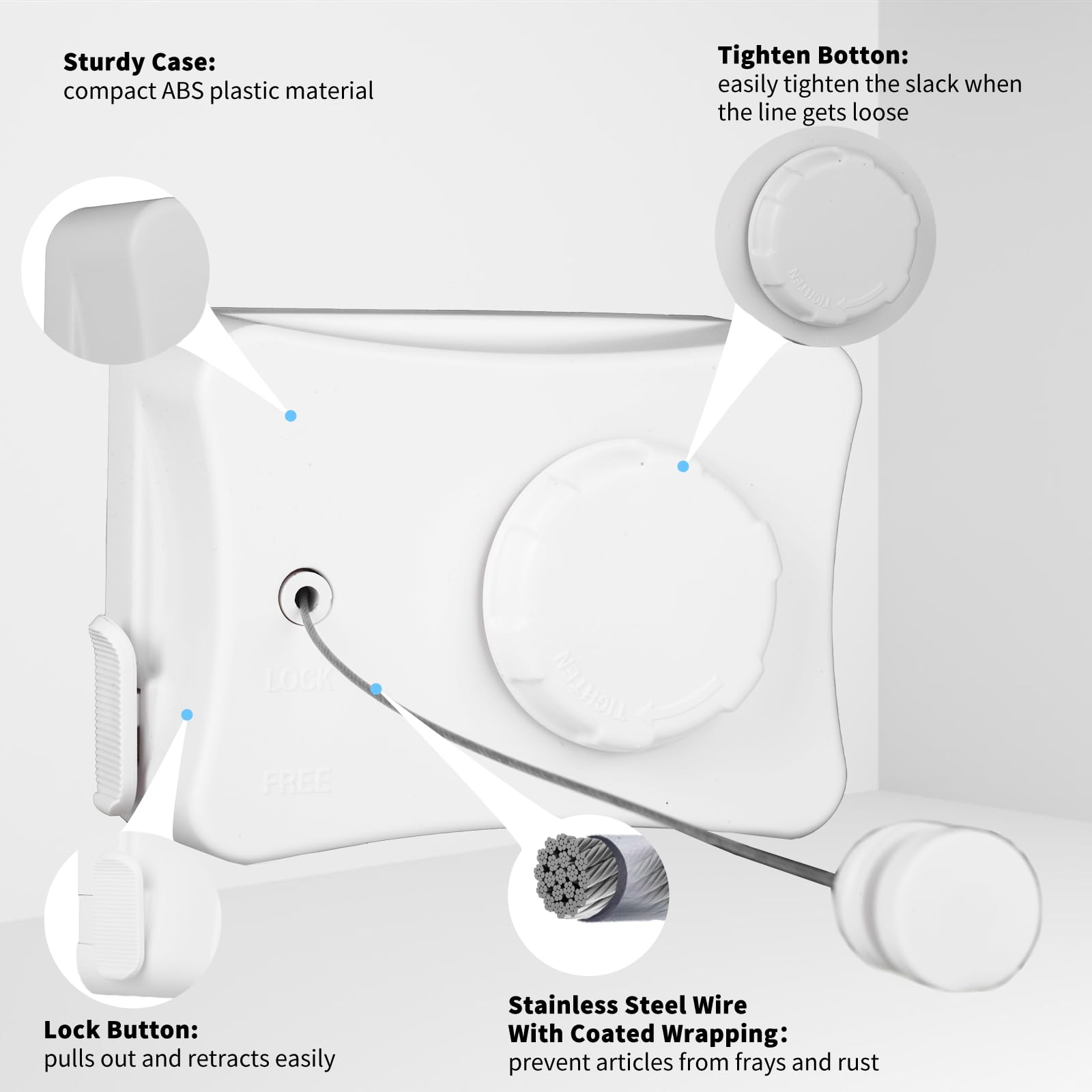 Corde à linge rétractable pour intérieur et extérieur - 5,1 m - Économie d'espace - Ne s'affaisse pas - Blanche - Pour petite buanderie, salle de bain, douche de camping-car