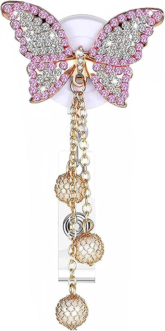 Photo 1 of Crystal Pink Butterfly Rhinestones Retractable Badge Reel, Bling Diamond Nurse Badge Holder Reels with Swivel Alligator Clip Badge Holders Identification Badges and Supplies Decorative Accessories