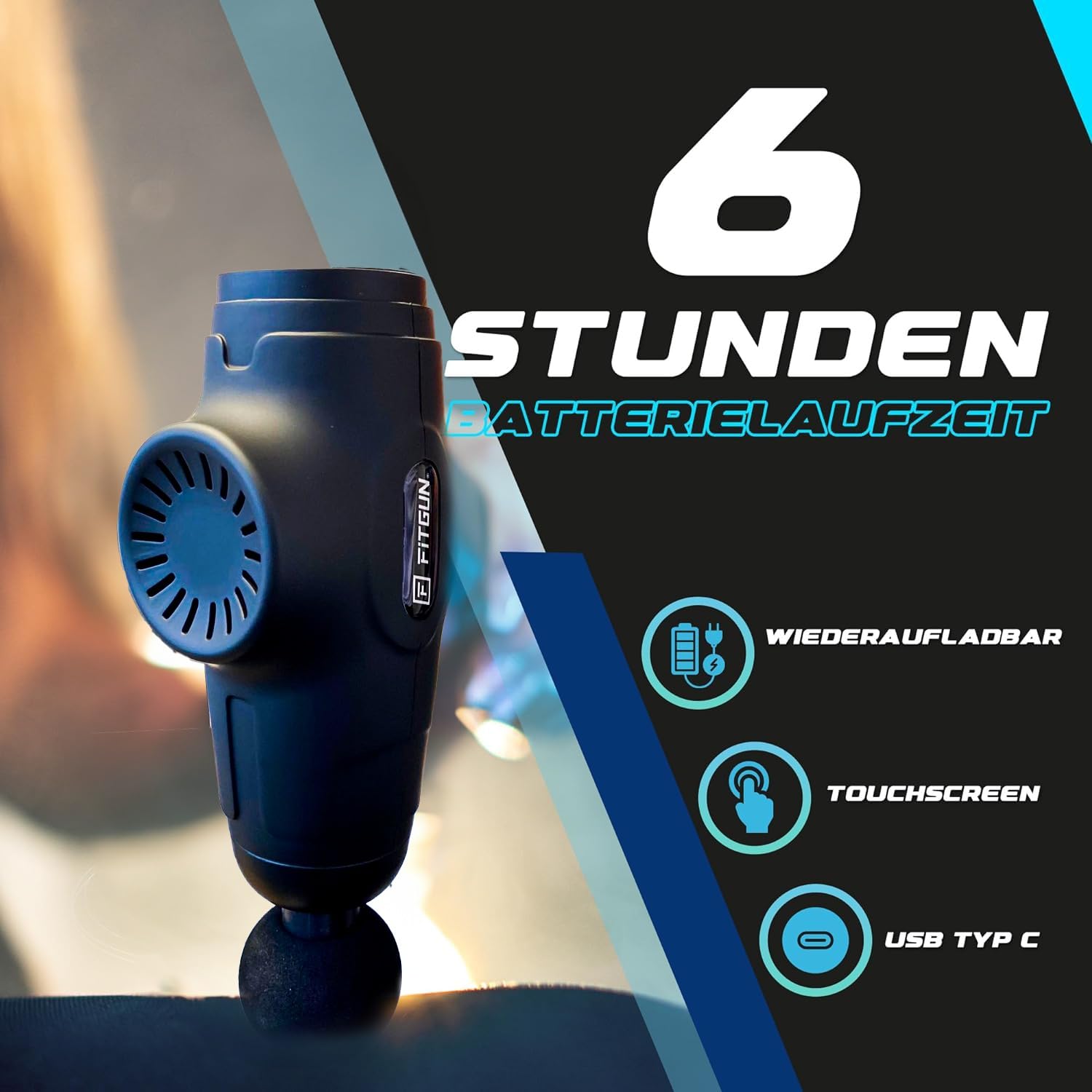 Fitgun Mini pistolet de massage, masseur musculaire, portable, avec 6 têtes de massage, pour la maison, la gym, le bureau, soulage la douleur après l'entraînement, noir