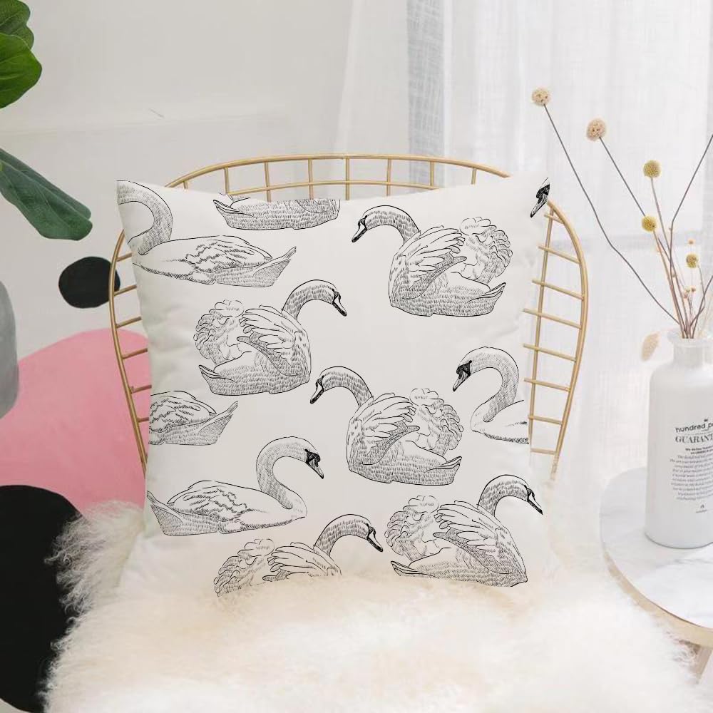 HYMSXW Cushion Cover,Throw Pillow Case Home Decorative for Living Room Bedroom Sofa Chair 20X20 Inch,Hand-painted, swan, black and white line drawing, repeating pattern,Pillowcase 50X50cm