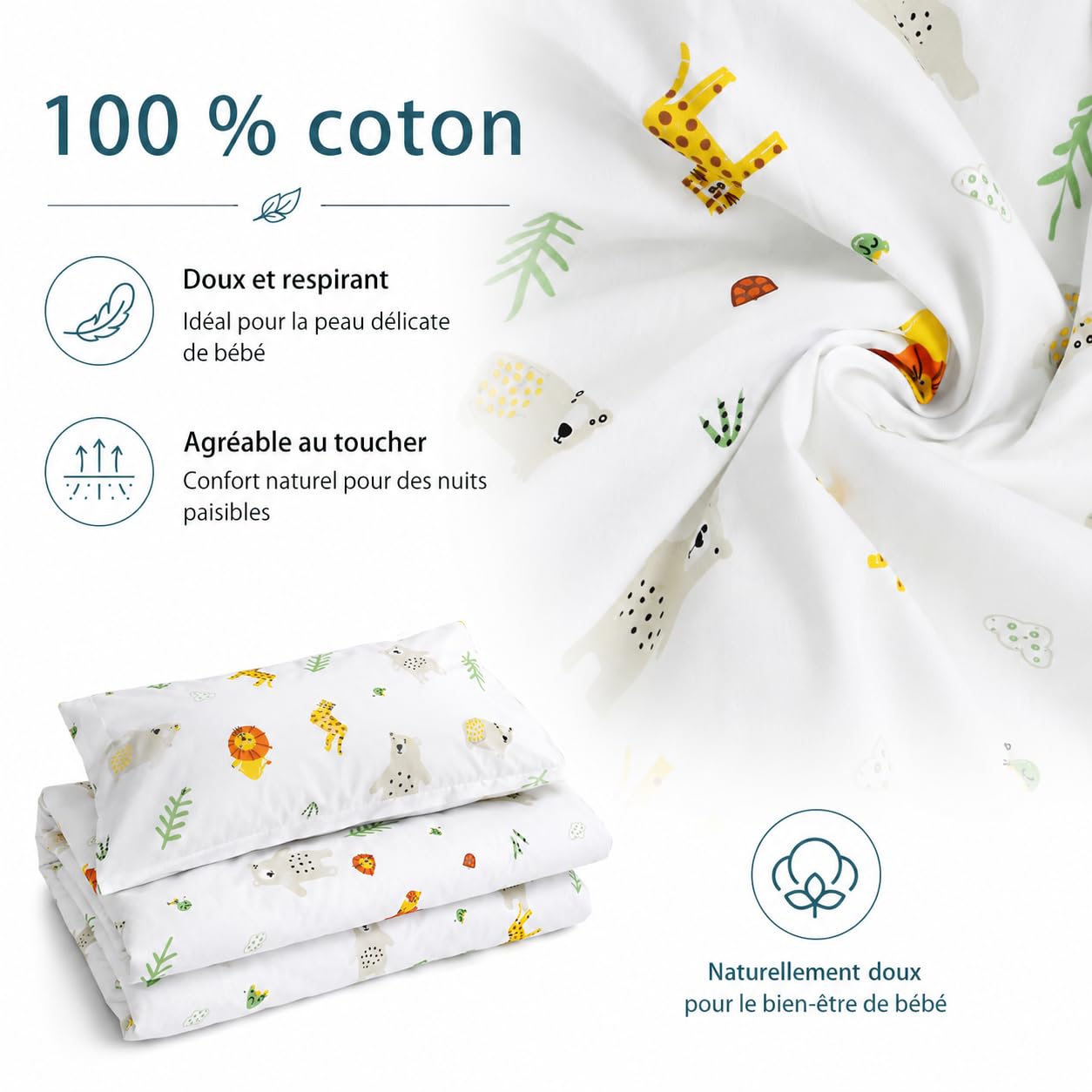 various Parure de Lit Bébé 90 x 120 cm, Motif Leo | Taie 40 x 60 cm,100 % Coton avec Fermeture Éclair, pour Lit 60 x 120 cm