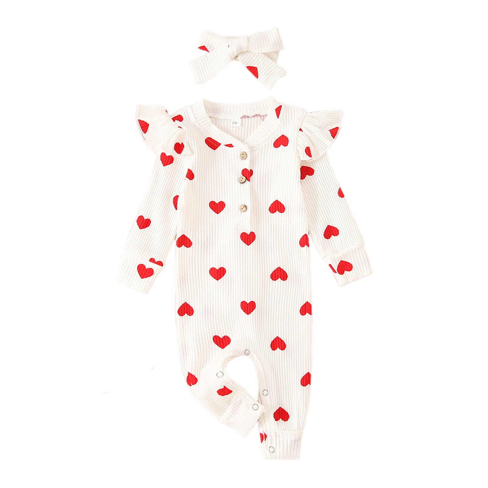 Guodeunh My First Valentines Baby Girl Romper Newborn Long Sleeve Heart Print Knitted Button Down Jumpsuit Headband (Beige, 3-6 Months)