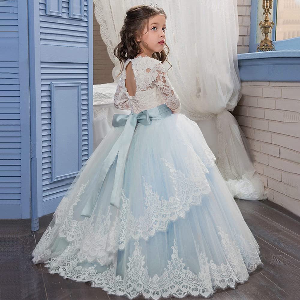 PLWEDDING Spitze Lange Ärmel Blumenmädchen Kleid Prinzessin Tüll Kleid für Kinder Erstkommunion Kleider