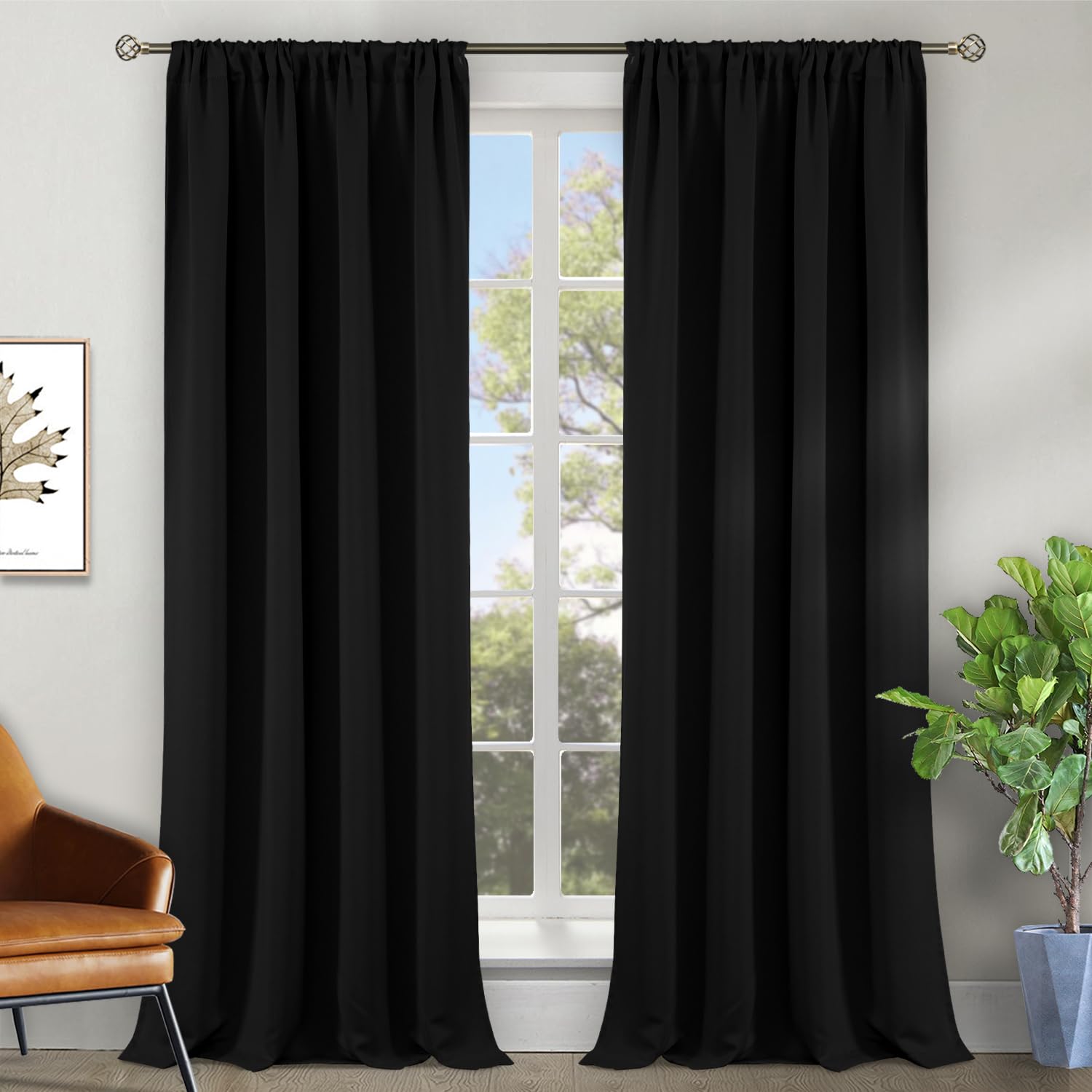 BGment Black Blackout Curtains 90 Inch Long for Bedroom 2 Panels - Room Darkening Drapes Thermal Insulated with Rod Pocket Heat Blocking for Summer Living Room, 52 X 90 Inch