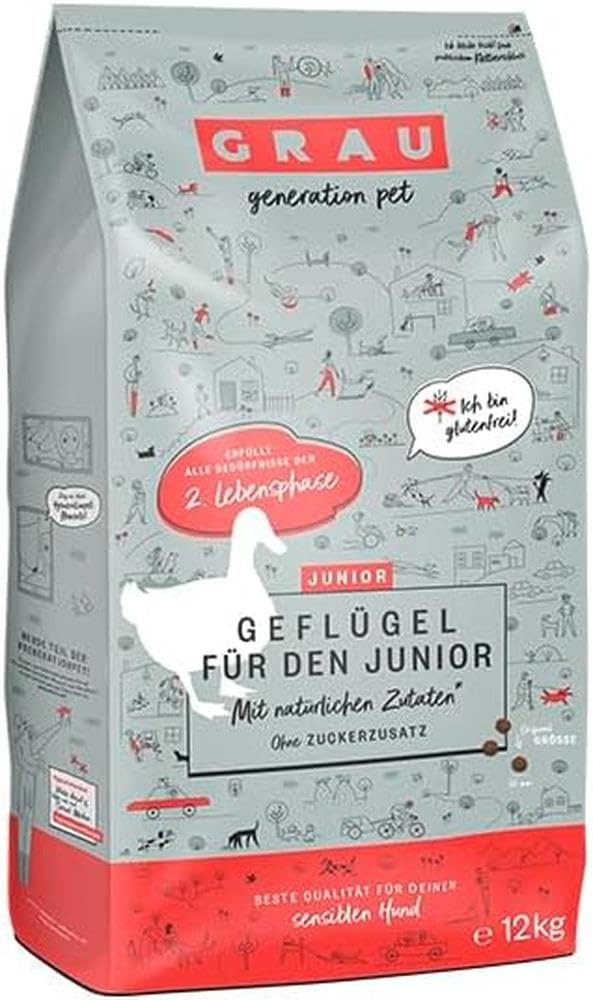 GRAU L’originale, Alimento secco per cani junior, pollame, 1 confezione da 12 kg, senza glutine, per il tuo cane a partire dai 4 mesi di età.
