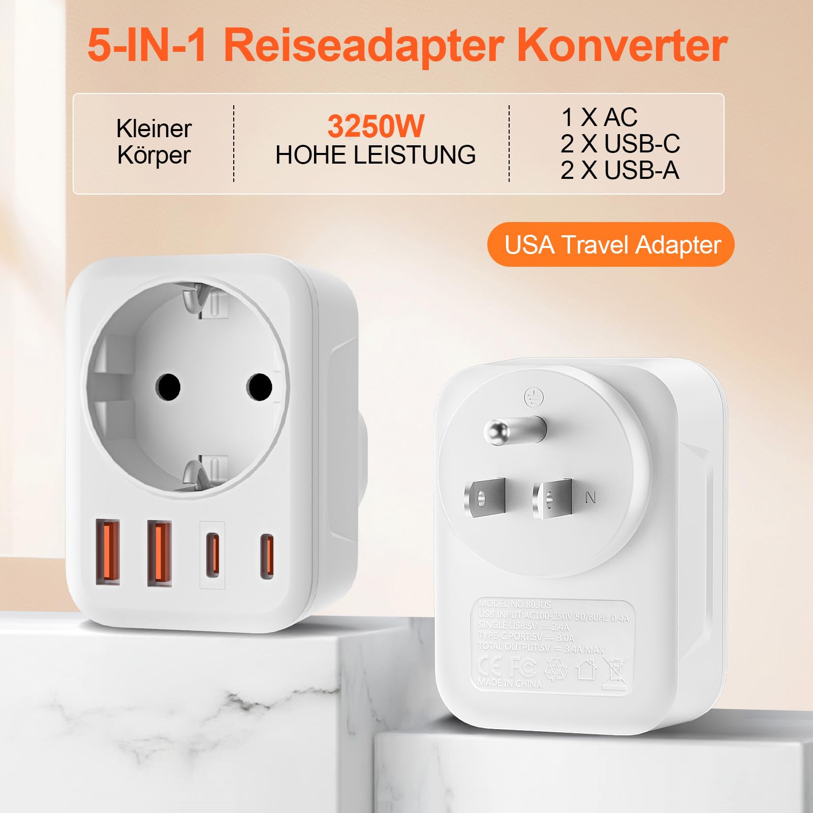 USA Adapter Steckdose, 5-In-1 Adapter USA Deutschland Stecker mit 1 AC 2 USB-C 2 USB-A (3.4A), EU to US Reiseadapter für Amerika Kanada Thailand Mexiko (White/Typ B) - Image 2