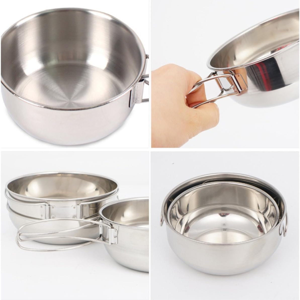 Camping Cookware Set and Small Cup 5pcs Stainless Steel with Foldable Handle Including Saucepan, Large Bowl, Small Bowl, Large Cup for Picnic and Outdoor Cooking