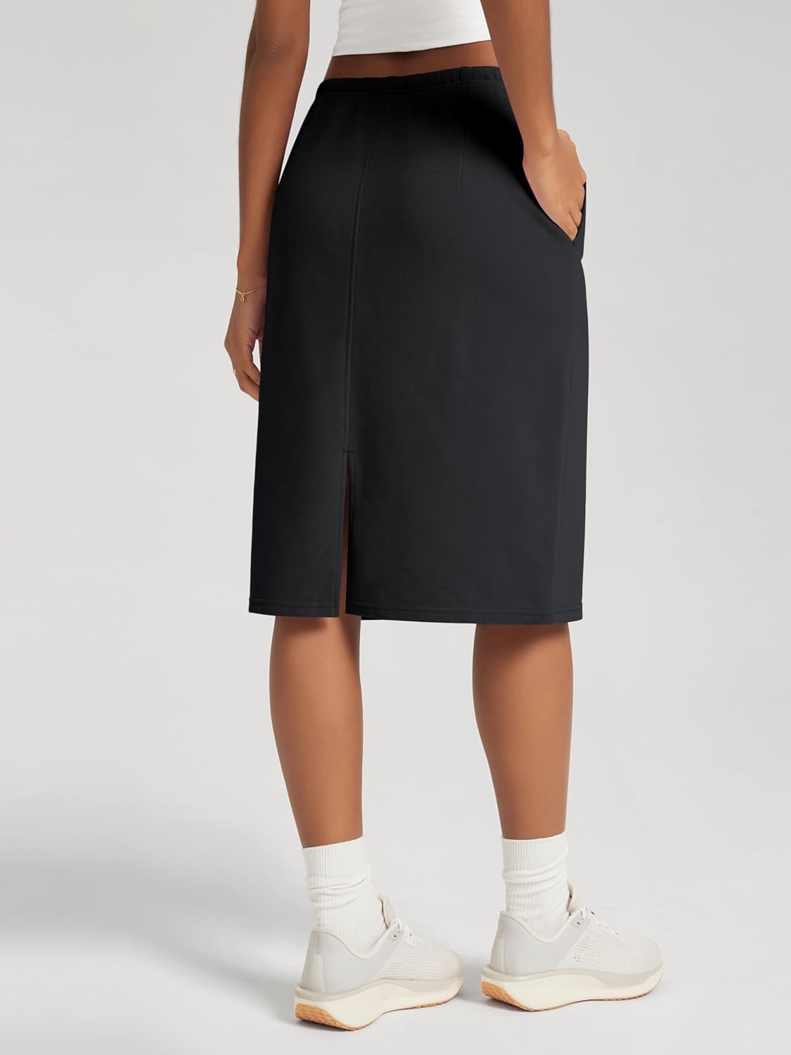 ODODOS Women's Back Split Knee Length Skirt - Cotton French Terry Drawstring Tie High Waist Casual Skirts with Pockets - Image 2