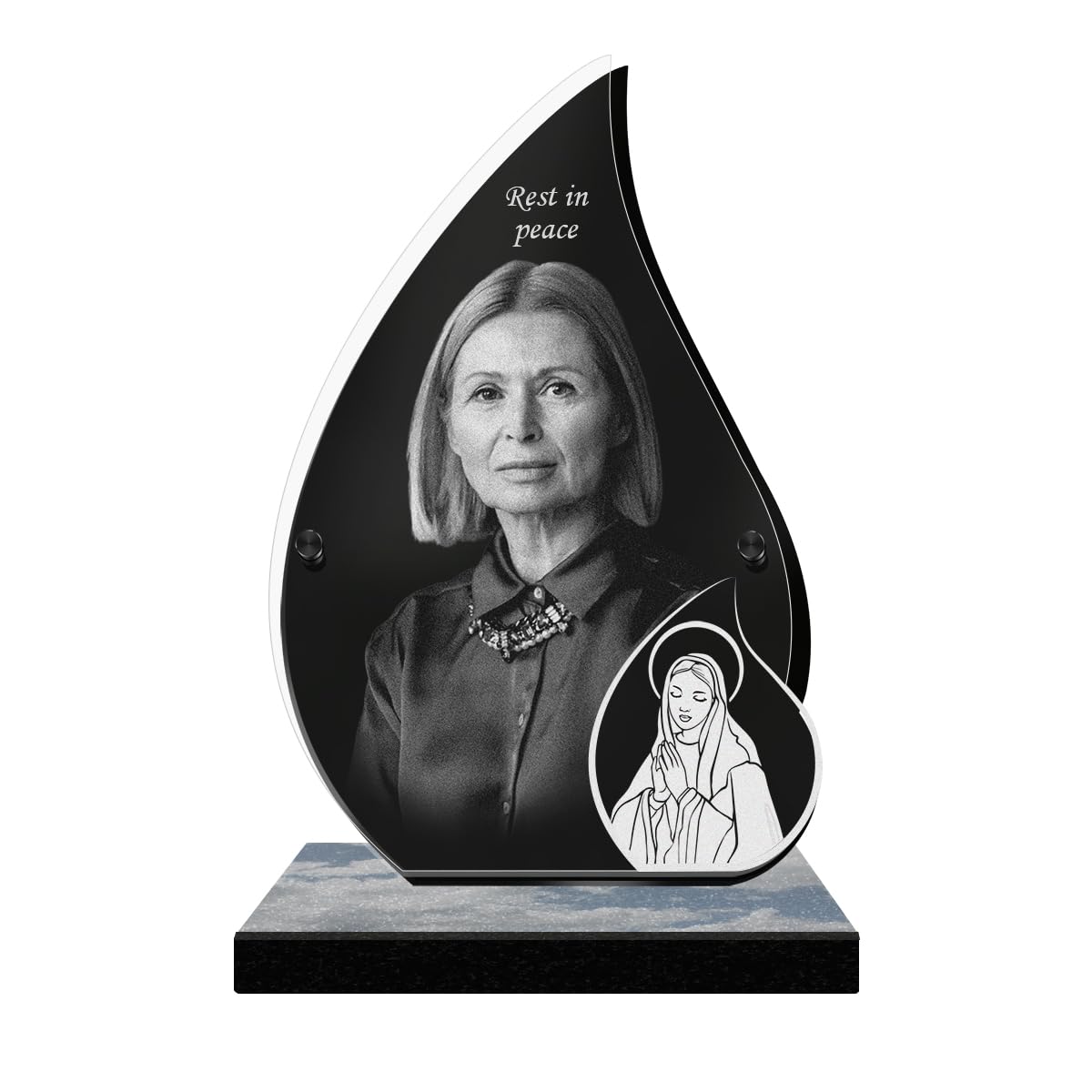 ETERNEL - Personalized Memorial Plaque Glow Virgin Mary Customizable Photo and Text, laser-engraved memorial plaque for tribute, funeral plaque, tombstone, ceremony, burial