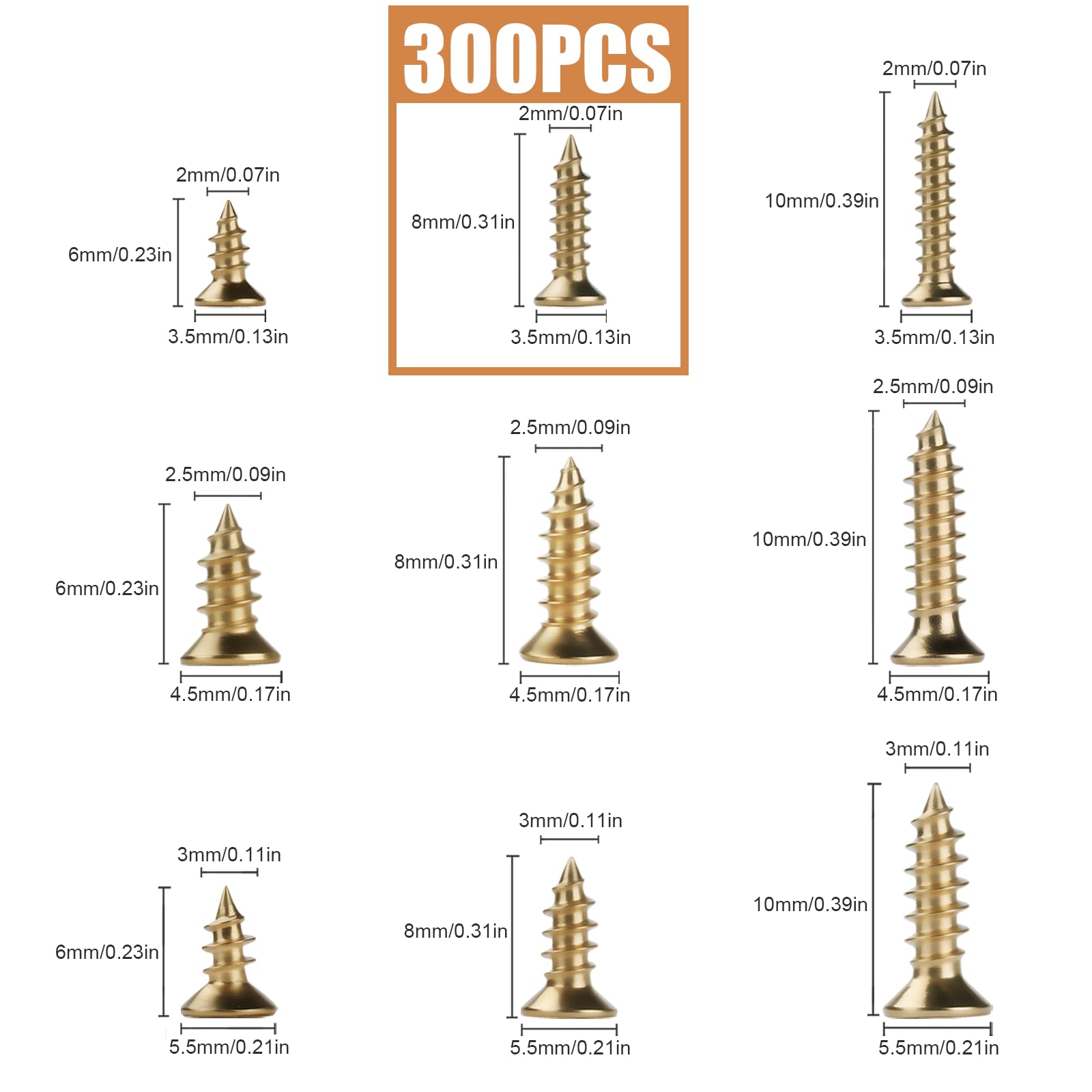 Wkręty samogwintujące M2 x 8 mm, 300 sztuk, z rowkiem krzyżowym, złote śruby z łbem płaskim, małe śruby do krzeseł, stołów, szafek, mebli