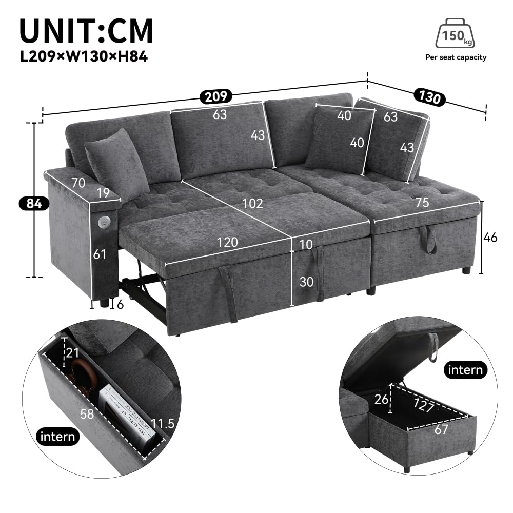 Sapgaks Sofá de esquina convertible en L con USB, sofá cama con función de almacenamiento, sofá convertible de 3 plazas, sofá de 3 plazas para salón de tela relajante, equipado con espacio de