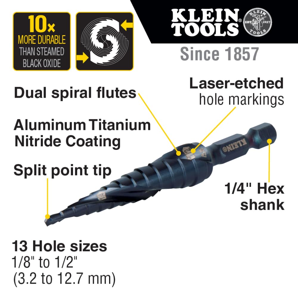 Klein Tools QRST01 Punta da trapano a gradini, a spirale a doppio tagliente con sgancio rapido, da 1/8 a 1/2 pollice, gambo esagonale, per tagliare acciaio, legno, plastica e alluminio