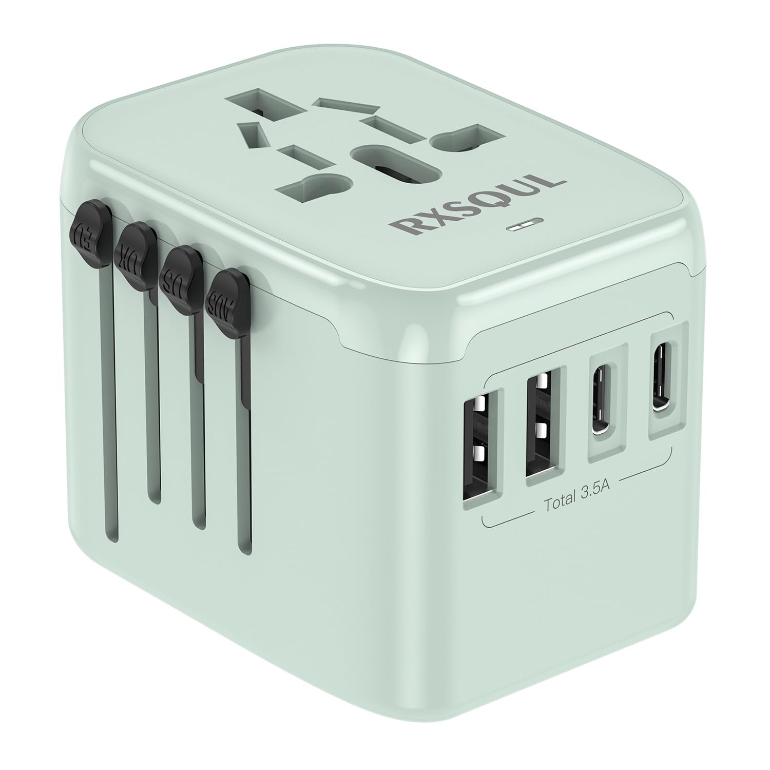 RXSQUL Universal International Power Travel Plug Adapter, 5 in 1 European Travel Plug Adapter W/ 3.5A 2xUSB-A and 2xUSB C Wall Charger and Worldwide AC Outlet for Europe USA UK AUS Asia-Green