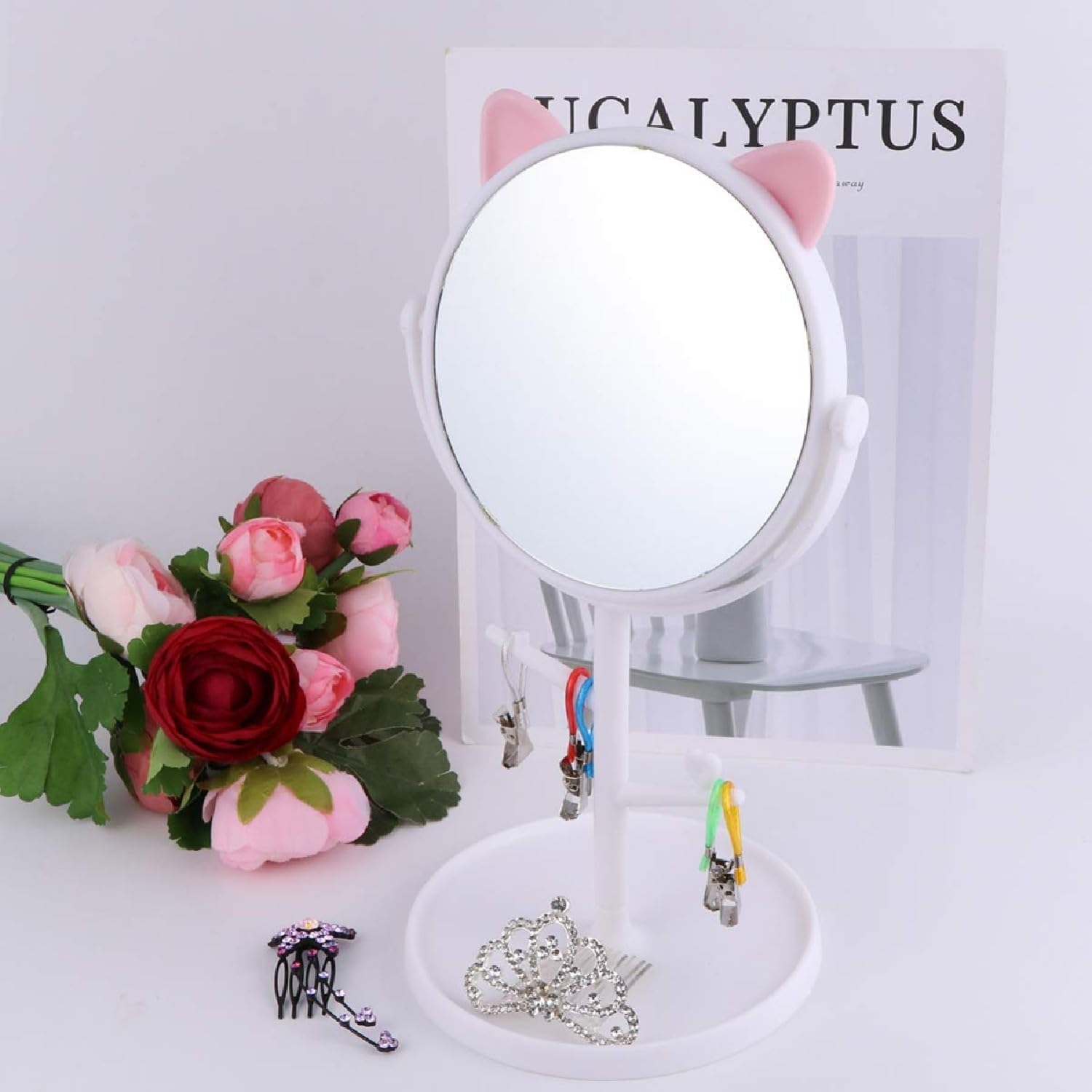 Rotatable Makeup Mirror with Kitty Ears-Shaped Decor, Tabletop Mirror, Round Compact Vanity Mirror with Stand (White)-image-39
