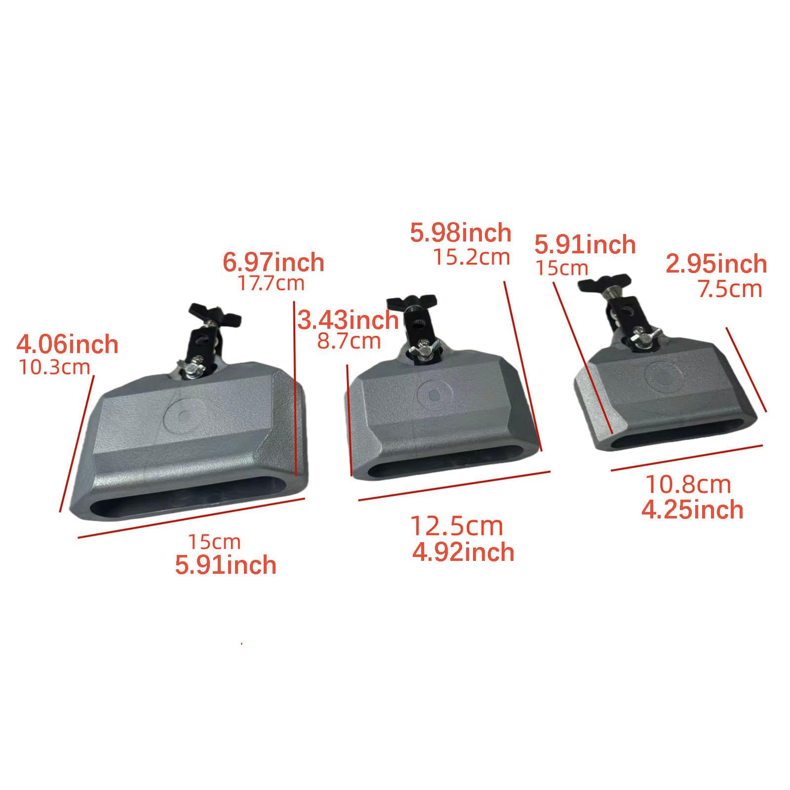 Juego de 3 Cencerros con Clip para Tambores, Soporte para Instrumentos de Percusión Latina, Hecho de Metal Resistente para Bateristas, Ideal, Gris