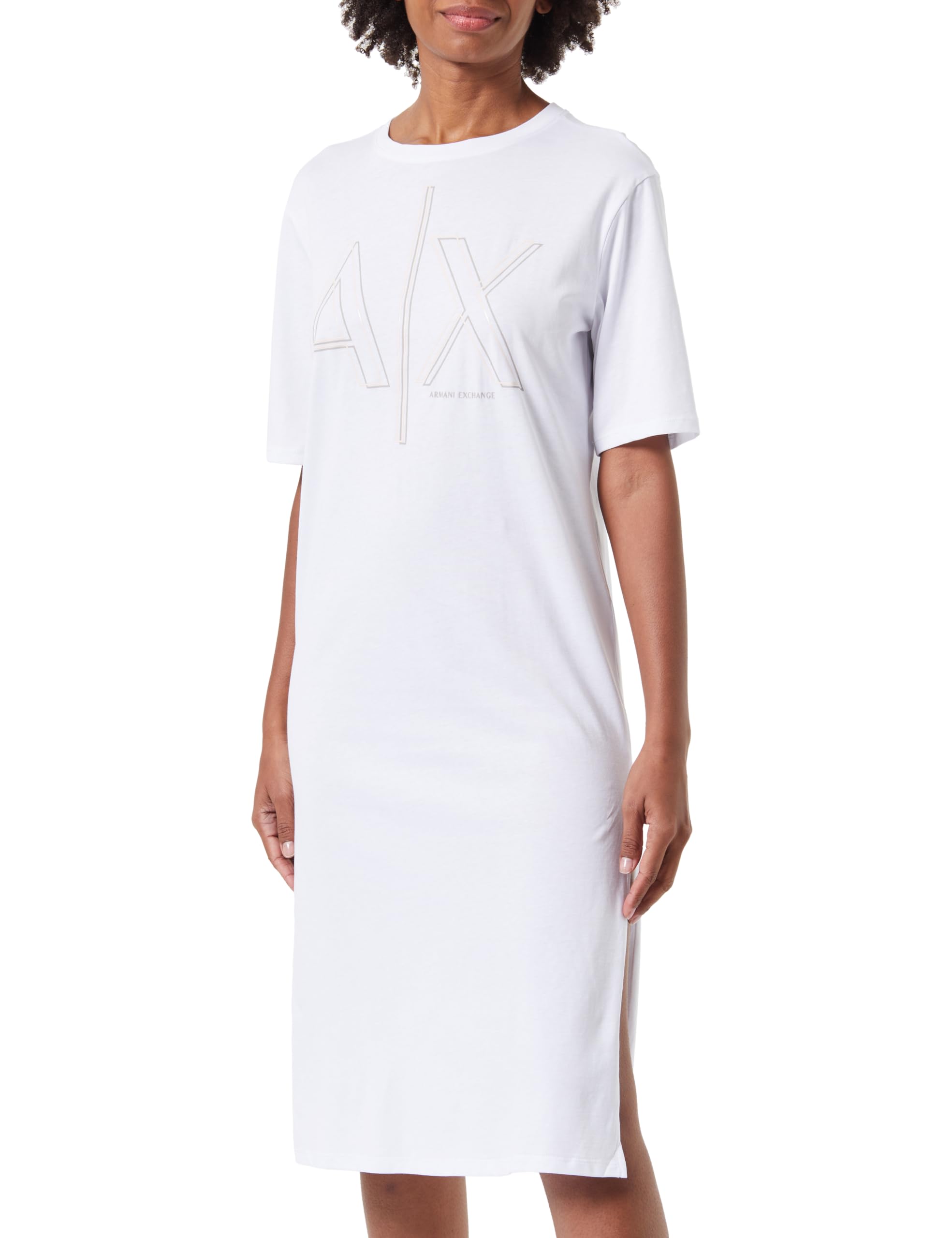 Armani Exchange Women's Sustainable, Big Logo Print, Round Neck Casual Dress,White,M
