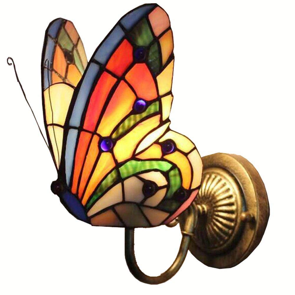 Tiffany Glass Butterfly Club Corridor Wall Light Alloy Bronze Arms Bedroom Bedsides Stair Case Wall Sconce Villa Balcony Hallway Porch Wall Lighting Fixtures (A)