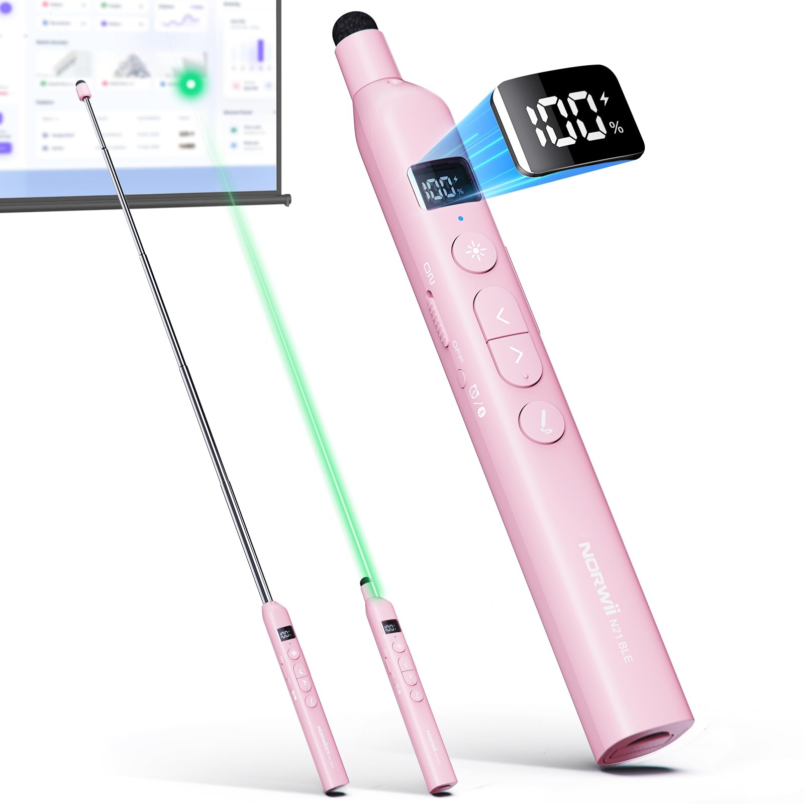 Norwii N21 Bluetooth-Präsentationsklicker mit Teleskopischem Lehrpointer, Präsentationsfernbedienung mit Ausziehbarem Stab für PowerPoint, Kabelloser Präsentator, Folienwechsler