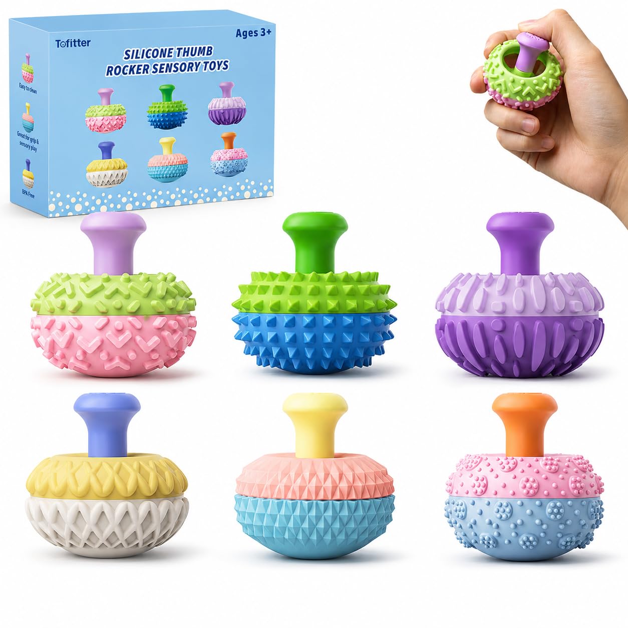 Sensory Fidget Toys,Silicone Thumb Rocker Fidget Toys, Calming Pastel Colours, Quiet Sensory Toys for Autism, ADHD & Anxiety Relief, Silent Desk Gadget for Children, Teens & Adults (6 Rainbow) — image 1