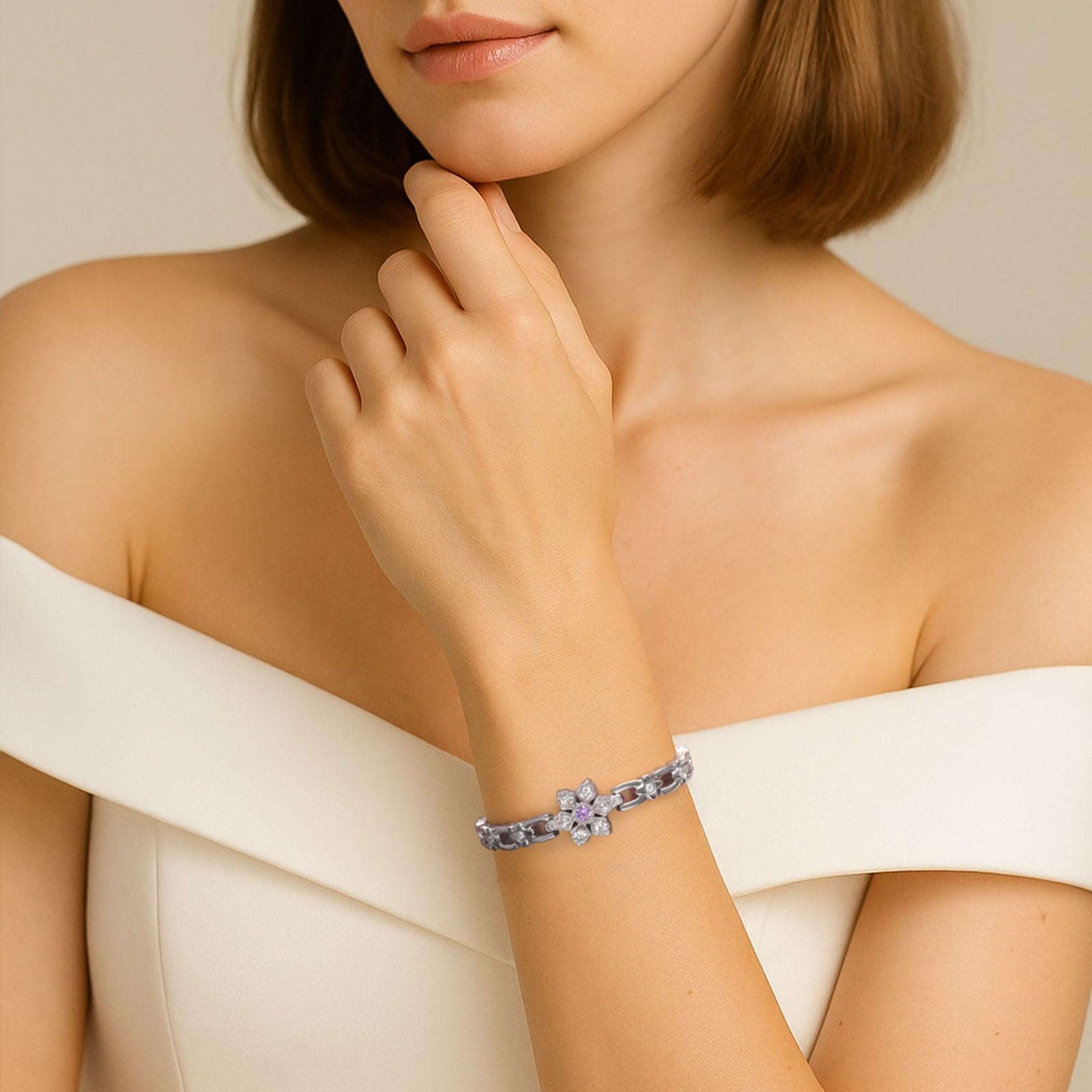 RainSo Bracelet magnétique pour femme - En acier inoxydable - Motif flocon de neige - Orné de pierres précieuses et cristaux violets - Taille réglable - Avec boîte cadeau
