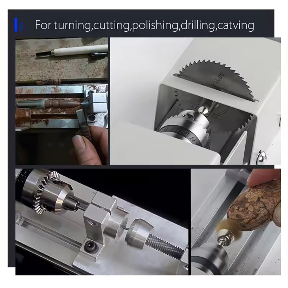 Mini tokarka, 24 VDC, 4000 – 8000 obr./min, 7 prędkości, zakres mocowania 0,6 – 6,5 mm, w tym 6 noży do rzeźbienia i akcesoriów do obróbki drewna DIY do obracania