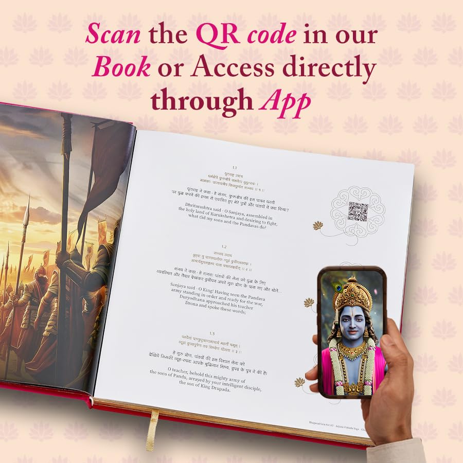 Image of Bhagavad Gita For All in English, Hindi, and Sanskrit | World's 1st video-based Bhagavad Gita Book and App | Watch Each Shloka Explained by Krishna Avatar | SCAN, WATCH & LEARN
